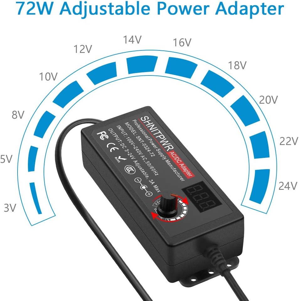 SHNITPWR 72W universal Power Supply Adjustable DC 3V ~ 24V 3A AC/DC Adapter with USB C Charger PD 65W Upgraded 100V-240V AC to DC Converter Variable Power Adapter, 14 Tips, Alligator Clips Power Cable